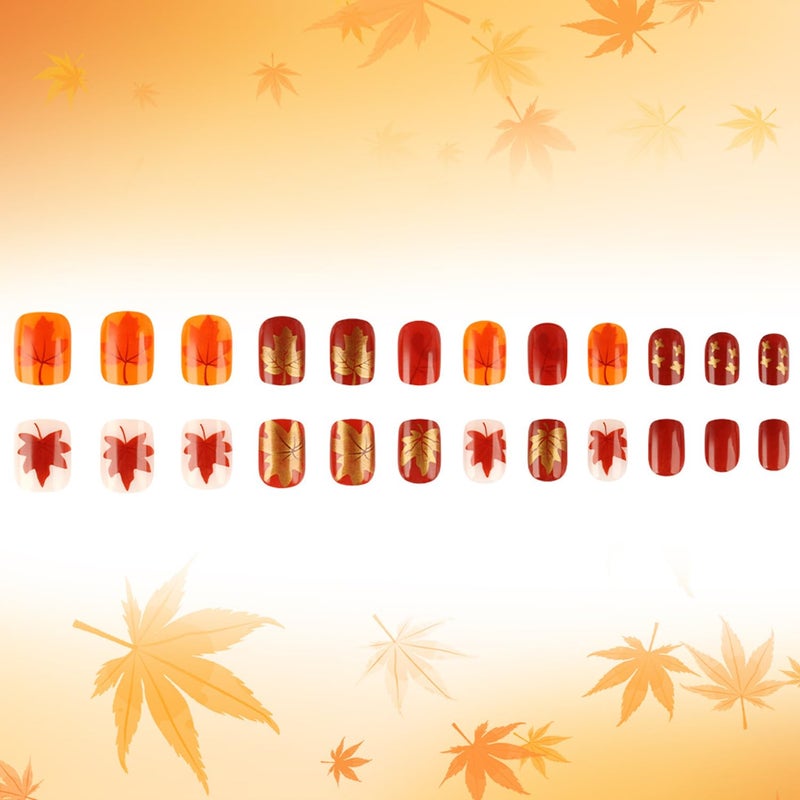 CJDLTS Thanksgiving Press on Nails Short Square Fall Maple Leaf False Nail Full Cover Glossy Acrylic Artificial Fingernails Red Maple Leaf Pattern Festival Stick on Nail Press Ons Glue on Nails for Women - Image 4
